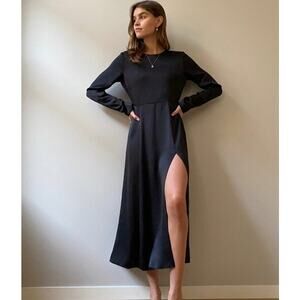 NWT Aritzia Wilfred Evora Backless‎ Long Sleeve Satin Dress Slit | Black | SZ 6
